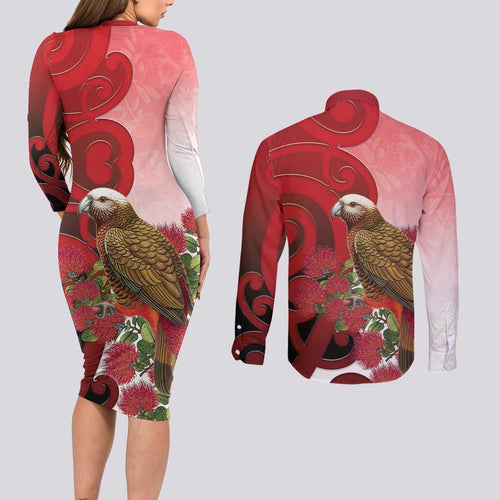 New Zealand Parrot Kaka Couples Matching Long Sleeve Bodycon Dress and Long Sleeve Button Shirt Maori Koru With Pohutukawa Flowers - Aussie Hoodie
