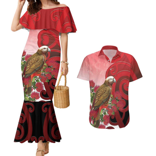 New Zealand Parrot Kaka Couples Matching Mermaid Dress and Hawaiian Shirt Maori Koru With Pohutukawa Flowers - Aussie Hoodie