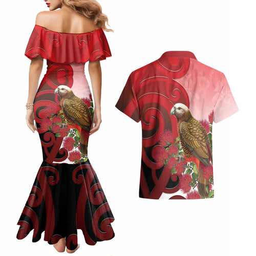 New Zealand Parrot Kaka Couples Matching Mermaid Dress and Hawaiian Shirt Maori Koru With Pohutukawa Flowers - Aussie Hoodie