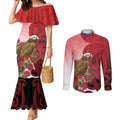 New Zealand Parrot Kaka Couples Matching Mermaid Dress and Long Sleeve Button Shirt Maori Koru With Pohutukawa Flowers - Aussie Hoodie