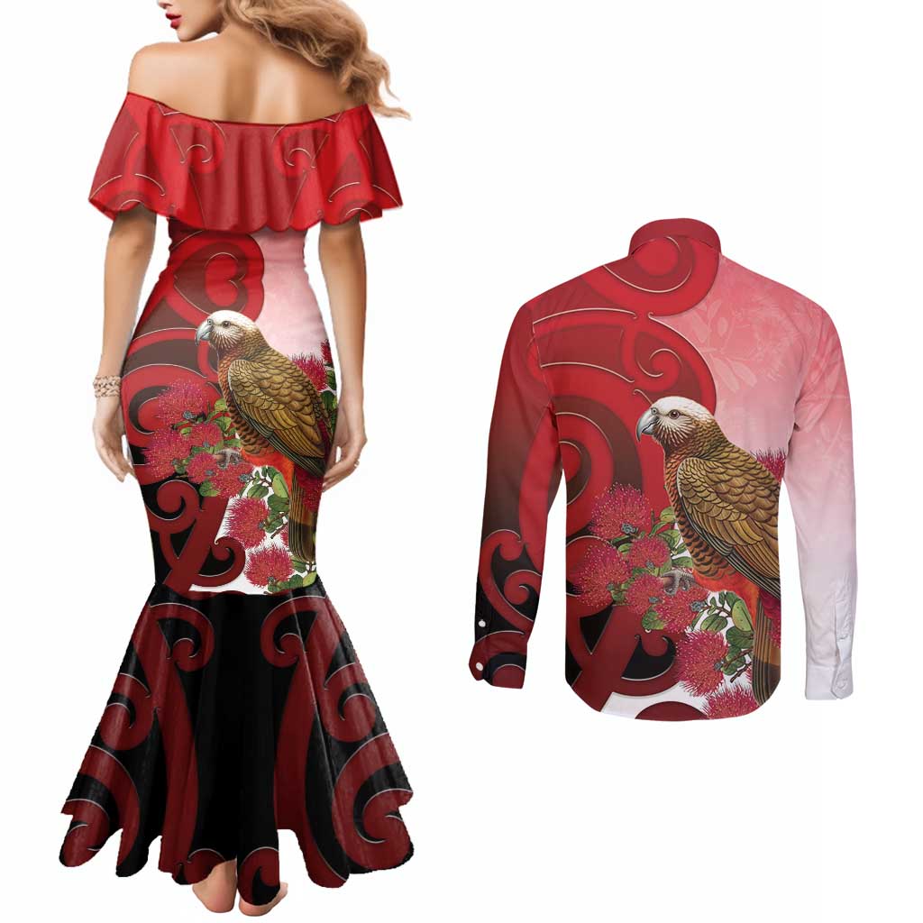 New Zealand Parrot Kaka Couples Matching Mermaid Dress and Long Sleeve Button Shirt Maori Koru With Pohutukawa Flowers - Aussie Hoodie
