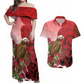 New Zealand Parrot Kaka Couples Matching Off Shoulder Maxi Dress and Hawaiian Shirt Maori Koru With Pohutukawa Flowers - Aussie Hoodie