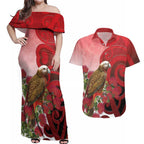 New Zealand Parrot Kaka Couples Matching Off Shoulder Maxi Dress and Hawaiian Shirt Maori Koru With Pohutukawa Flowers - Aussie Hoodie