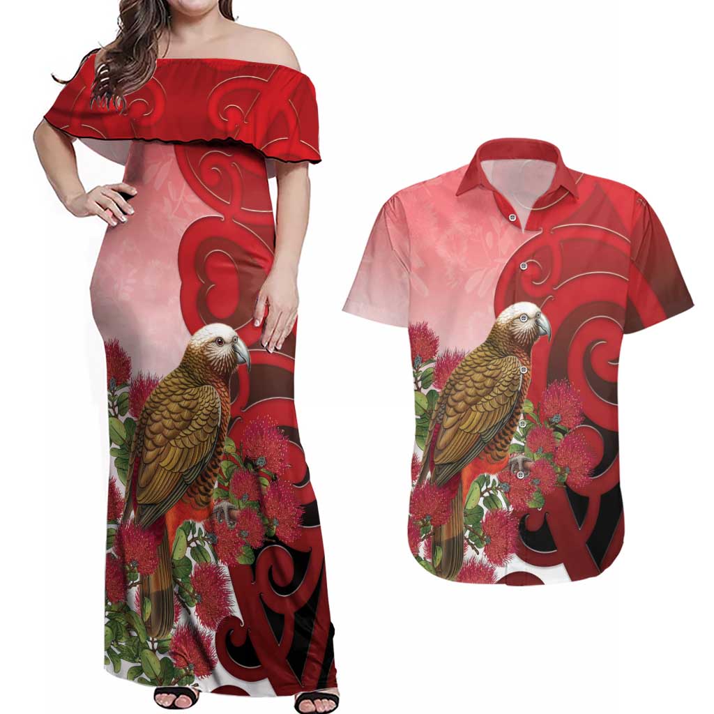 New Zealand Parrot Kaka Couples Matching Off Shoulder Maxi Dress and Hawaiian Shirt Maori Koru With Pohutukawa Flowers - Aussie Hoodie