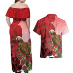 New Zealand Parrot Kaka Couples Matching Off Shoulder Maxi Dress and Hawaiian Shirt Maori Koru With Pohutukawa Flowers - Aussie Hoodie