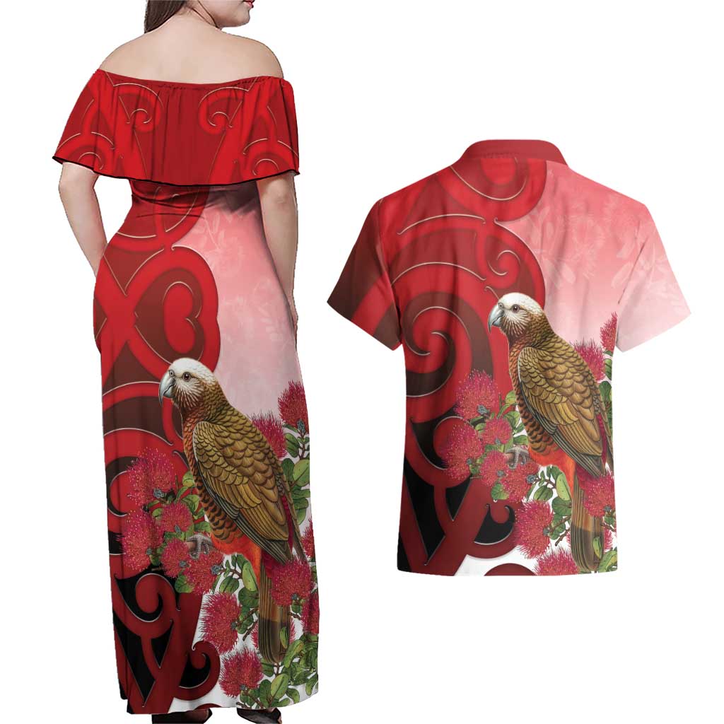 New Zealand Parrot Kaka Couples Matching Off Shoulder Maxi Dress and Hawaiian Shirt Maori Koru With Pohutukawa Flowers - Aussie Hoodie