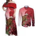 New Zealand Parrot Kaka Couples Matching Off Shoulder Maxi Dress and Long Sleeve Button Shirt Maori Koru With Pohutukawa Flowers - Aussie Hoodie