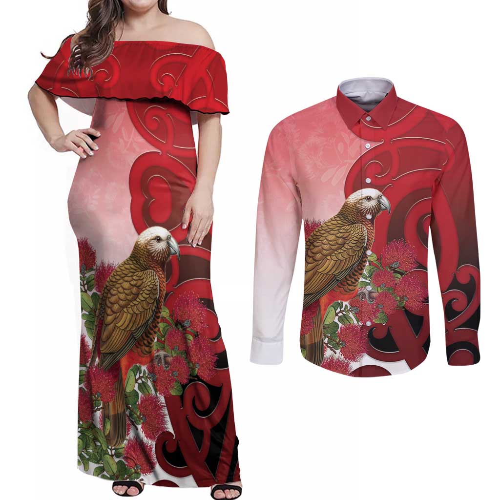 New Zealand Parrot Kaka Couples Matching Off Shoulder Maxi Dress and Long Sleeve Button Shirt Maori Koru With Pohutukawa Flowers - Aussie Hoodie