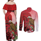 New Zealand Parrot Kaka Couples Matching Off Shoulder Maxi Dress and Long Sleeve Button Shirt Maori Koru With Pohutukawa Flowers - Aussie Hoodie