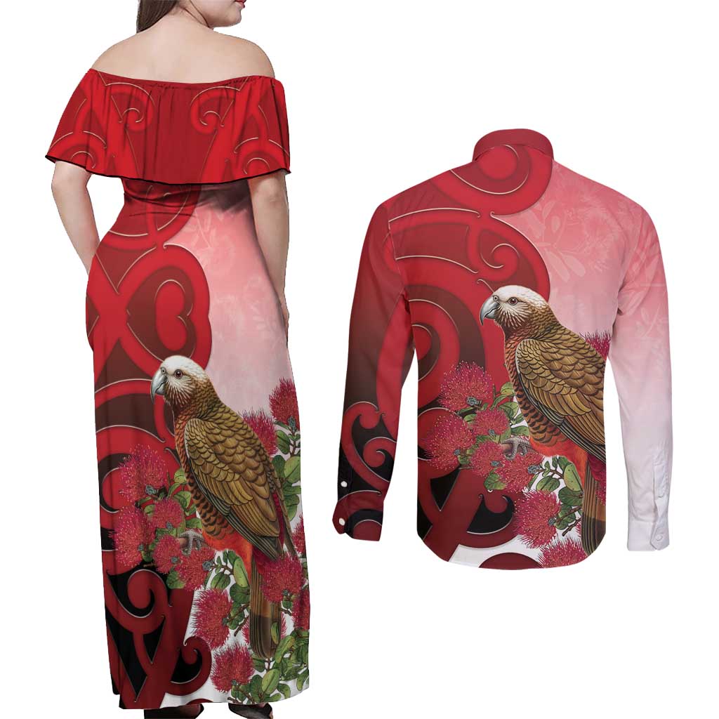 New Zealand Parrot Kaka Couples Matching Off Shoulder Maxi Dress and Long Sleeve Button Shirt Maori Koru With Pohutukawa Flowers - Aussie Hoodie
