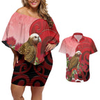 New Zealand Parrot Kaka Couples Matching Off Shoulder Short Dress and Hawaiian Shirt Maori Koru With Pohutukawa Flowers - Aussie Hoodie