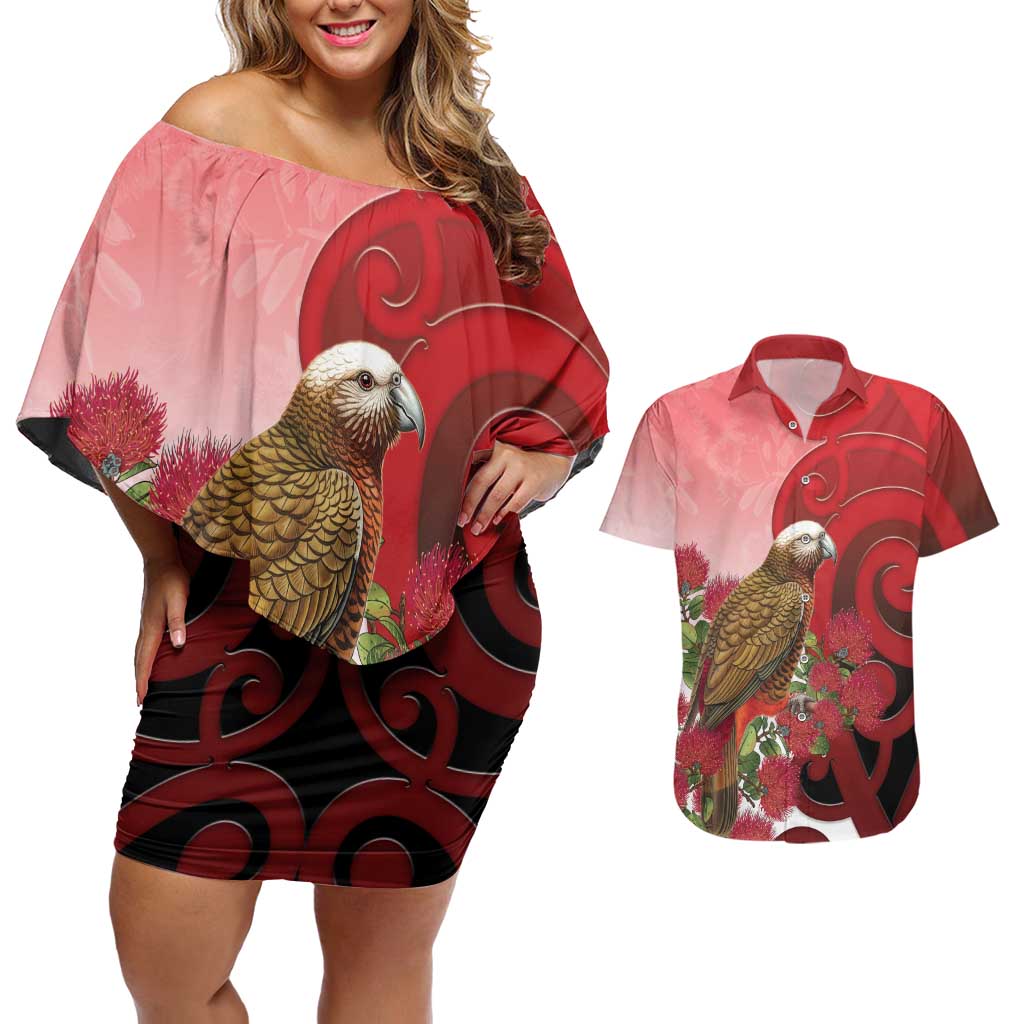 New Zealand Parrot Kaka Couples Matching Off Shoulder Short Dress and Hawaiian Shirt Maori Koru With Pohutukawa Flowers - Aussie Hoodie