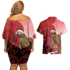 New Zealand Parrot Kaka Couples Matching Off Shoulder Short Dress and Hawaiian Shirt Maori Koru With Pohutukawa Flowers - Aussie Hoodie