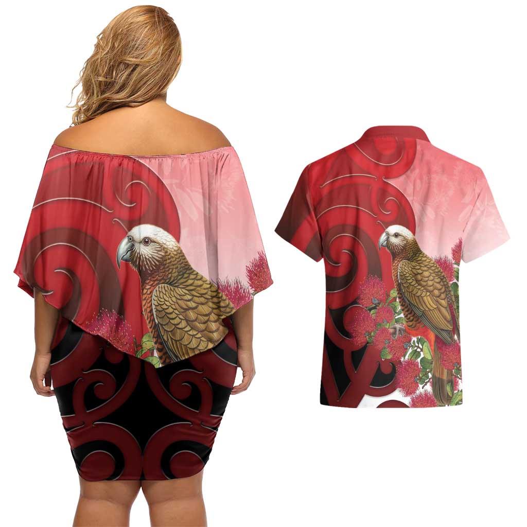 New Zealand Parrot Kaka Couples Matching Off Shoulder Short Dress and Hawaiian Shirt Maori Koru With Pohutukawa Flowers - Aussie Hoodie