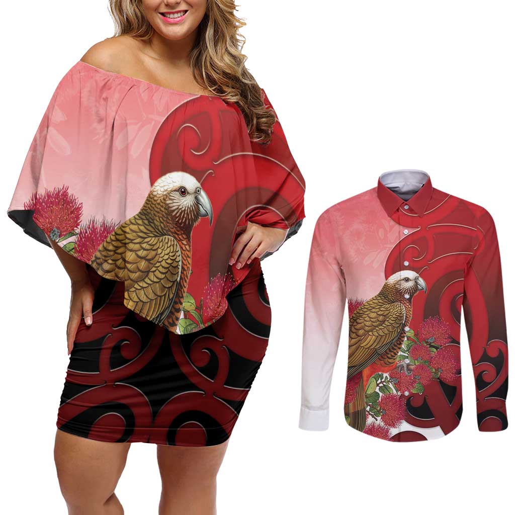 New Zealand Parrot Kaka Couples Matching Off Shoulder Short Dress and Long Sleeve Button Shirt Maori Koru With Pohutukawa Flowers - Aussie Hoodie