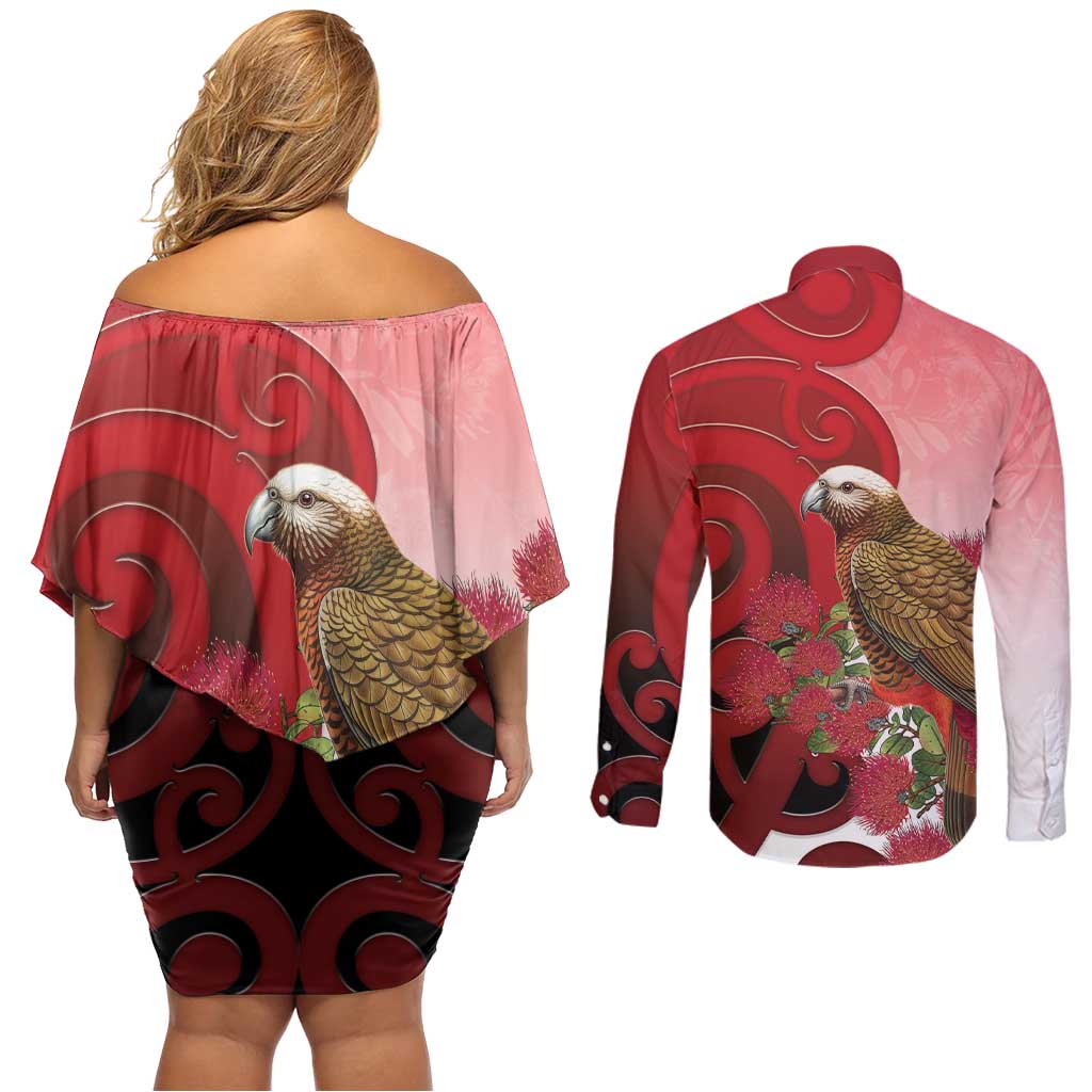 New Zealand Parrot Kaka Couples Matching Off Shoulder Short Dress and Long Sleeve Button Shirt Maori Koru With Pohutukawa Flowers - Aussie Hoodie