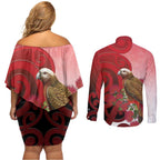 New Zealand Parrot Kaka Couples Matching Off Shoulder Short Dress and Long Sleeve Button Shirt Maori Koru With Pohutukawa Flowers - Aussie Hoodie