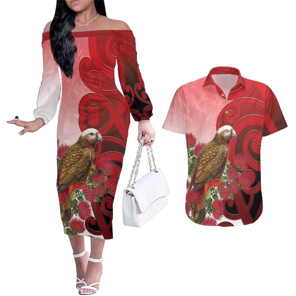 New Zealand Parrot Kaka Couples Matching Off The Shoulder Long Sleeve Dress and Hawaiian Shirt Maori Koru With Pohutukawa Flowers - Aussie Hoodie