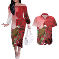 New Zealand Parrot Kaka Couples Matching Off The Shoulder Long Sleeve Dress and Hawaiian Shirt Maori Koru With Pohutukawa Flowers - Aussie Hoodie