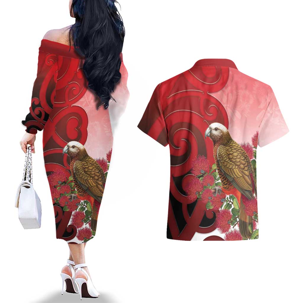 New Zealand Parrot Kaka Couples Matching Off The Shoulder Long Sleeve Dress and Hawaiian Shirt Maori Koru With Pohutukawa Flowers - Aussie Hoodie