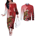 New Zealand Parrot Kaka Couples Matching Off The Shoulder Long Sleeve Dress and Long Sleeve Button Shirt Maori Koru With Pohutukawa Flowers - Aussie Hoodie