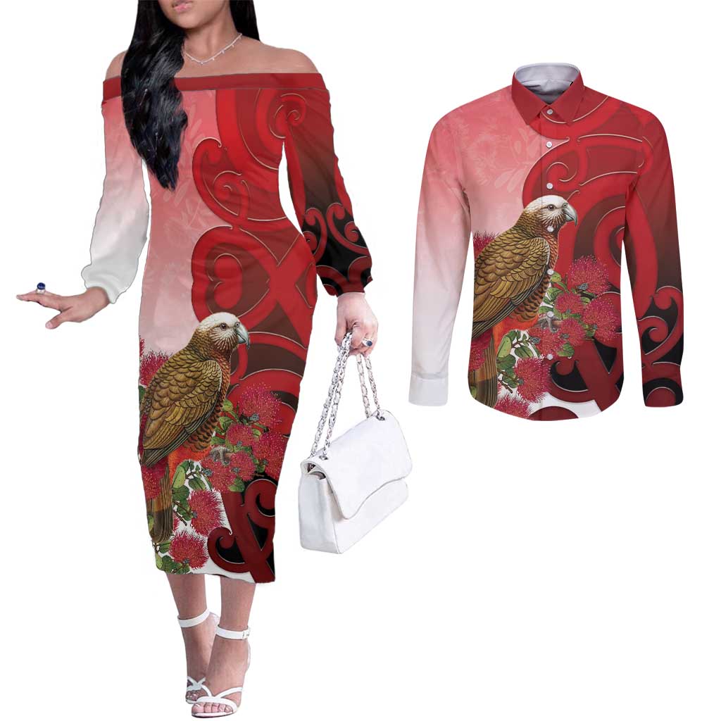 New Zealand Parrot Kaka Couples Matching Off The Shoulder Long Sleeve Dress and Long Sleeve Button Shirt Maori Koru With Pohutukawa Flowers - Aussie Hoodie