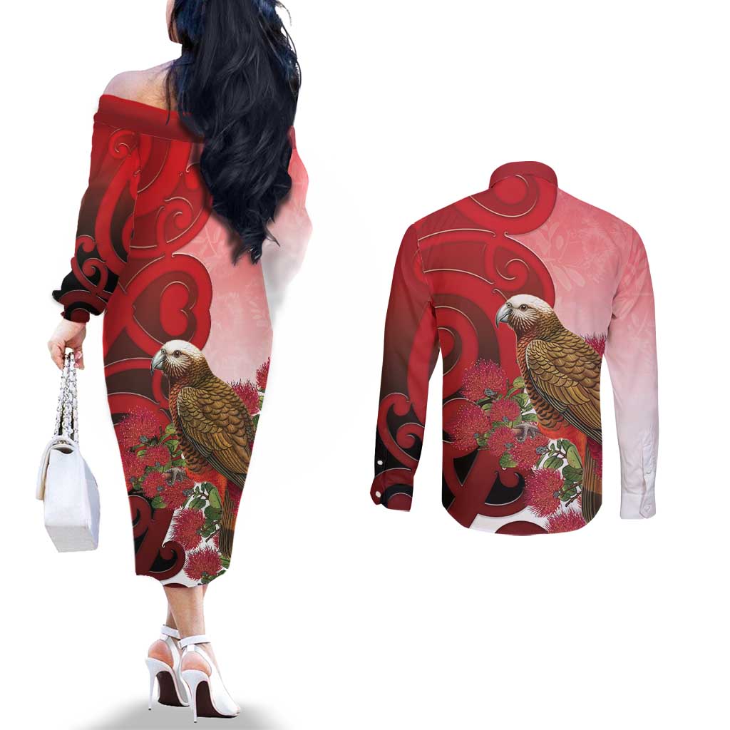 New Zealand Parrot Kaka Couples Matching Off The Shoulder Long Sleeve Dress and Long Sleeve Button Shirt Maori Koru With Pohutukawa Flowers - Aussie Hoodie