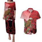 New Zealand Parrot Kaka Couples Matching Puletasi and Hawaiian Shirt Maori Koru With Pohutukawa Flowers - Aussie Hoodie
