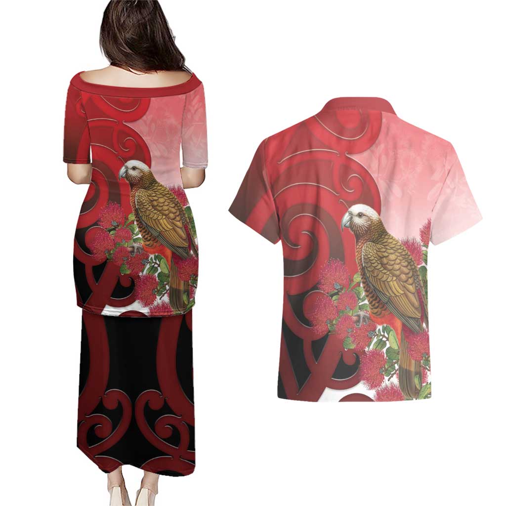 New Zealand Parrot Kaka Couples Matching Puletasi and Hawaiian Shirt Maori Koru With Pohutukawa Flowers - Aussie Hoodie