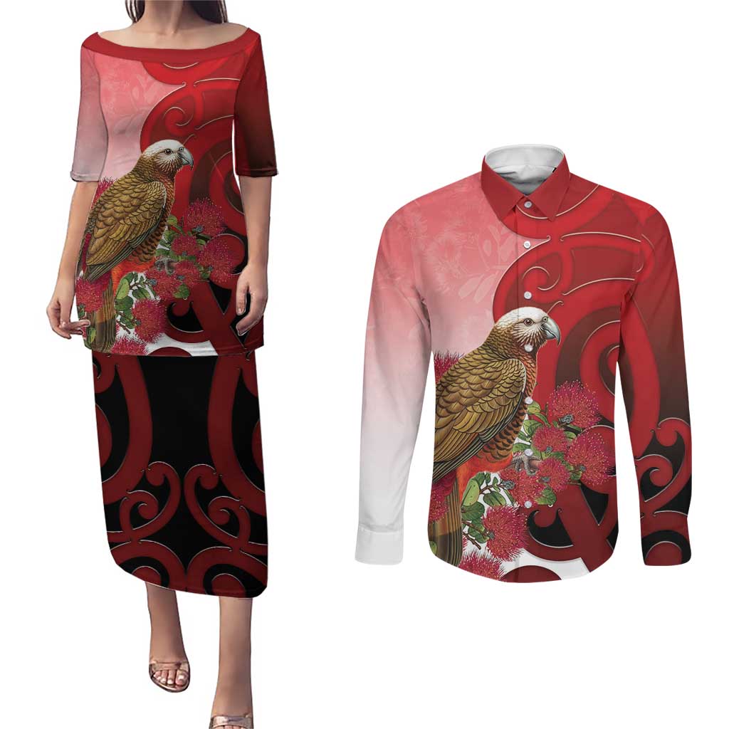New Zealand Parrot Kaka Couples Matching Puletasi and Long Sleeve Button Shirt Maori Koru With Pohutukawa Flowers - Aussie Hoodie