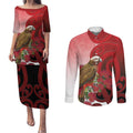 New Zealand Parrot Kaka Couples Matching Puletasi and Long Sleeve Button Shirt Maori Koru With Pohutukawa Flowers - Aussie Hoodie