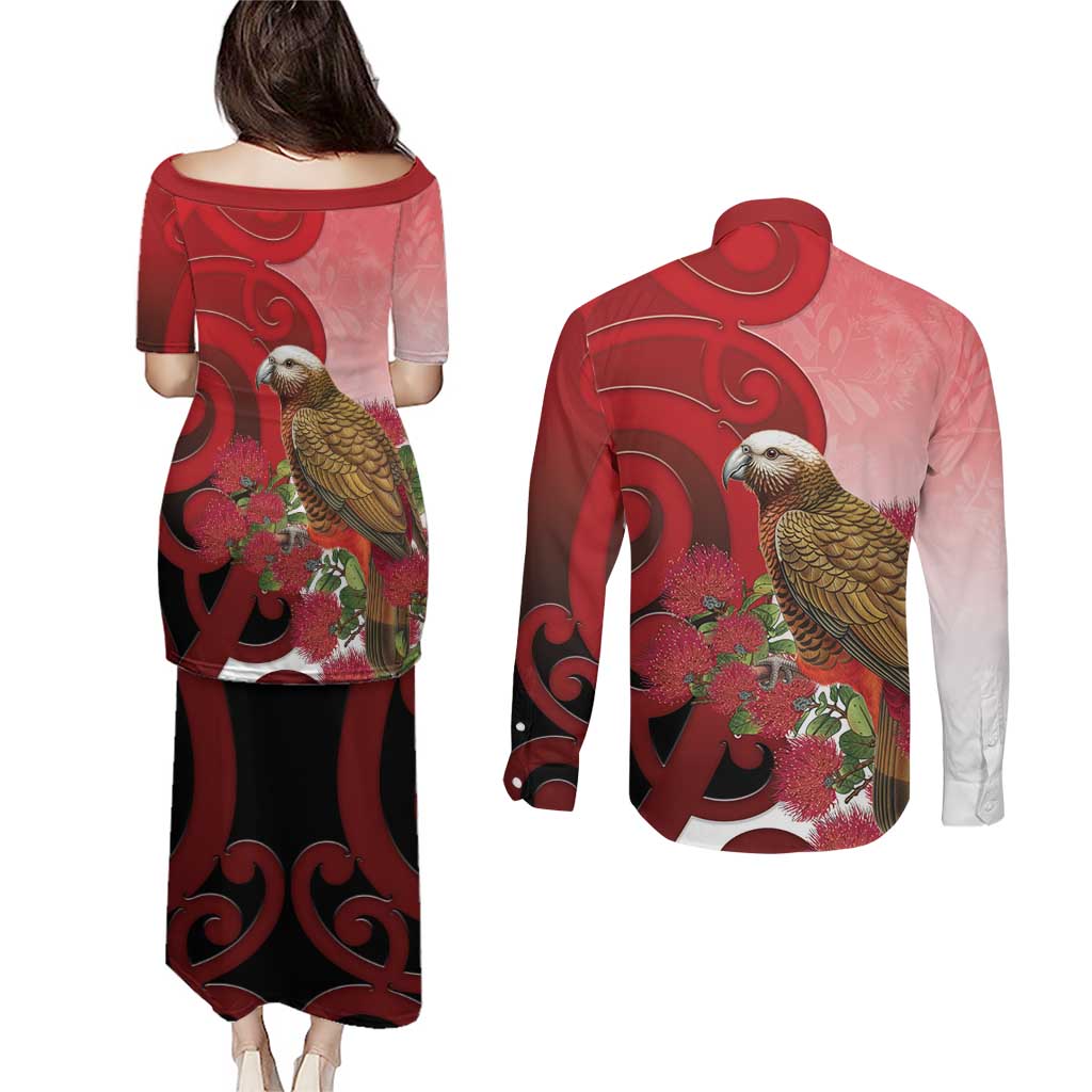 New Zealand Parrot Kaka Couples Matching Puletasi and Long Sleeve Button Shirt Maori Koru With Pohutukawa Flowers - Aussie Hoodie