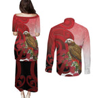 New Zealand Parrot Kaka Couples Matching Puletasi and Long Sleeve Button Shirt Maori Koru With Pohutukawa Flowers - Aussie Hoodie