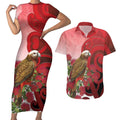 New Zealand Parrot Kaka Couples Matching Short Sleeve Bodycon Dress and Hawaiian Shirt Maori Koru With Pohutukawa Flowers - Aussie Hoodie