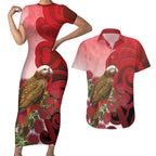 New Zealand Parrot Kaka Couples Matching Short Sleeve Bodycon Dress and Hawaiian Shirt Maori Koru With Pohutukawa Flowers - Aussie Hoodie