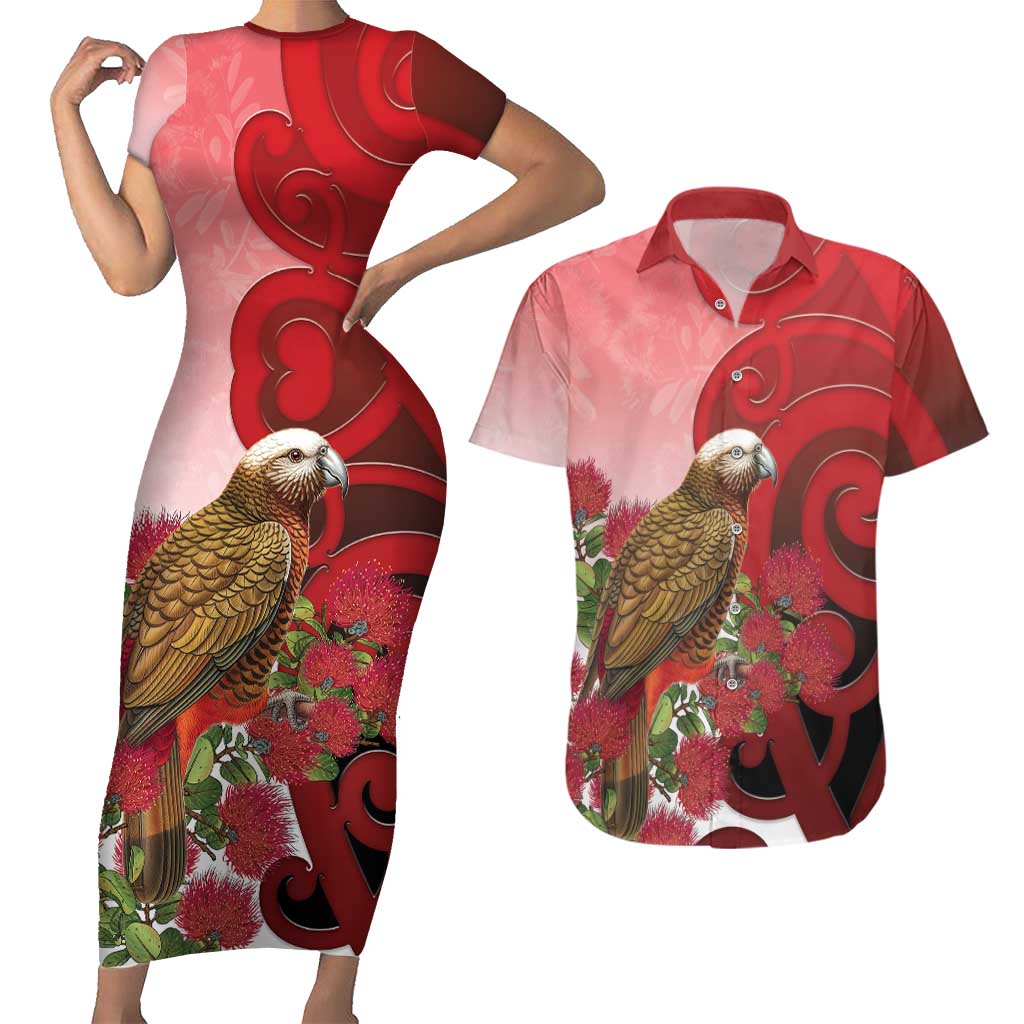 New Zealand Parrot Kaka Couples Matching Short Sleeve Bodycon Dress and Hawaiian Shirt Maori Koru With Pohutukawa Flowers - Aussie Hoodie