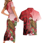 New Zealand Parrot Kaka Couples Matching Short Sleeve Bodycon Dress and Hawaiian Shirt Maori Koru With Pohutukawa Flowers - Aussie Hoodie