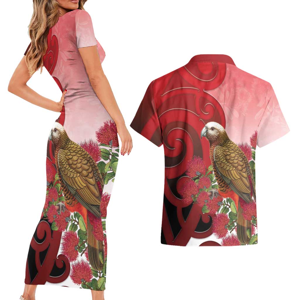 New Zealand Parrot Kaka Couples Matching Short Sleeve Bodycon Dress and Hawaiian Shirt Maori Koru With Pohutukawa Flowers - Aussie Hoodie