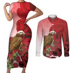 New Zealand Parrot Kaka Couples Matching Short Sleeve Bodycon Dress and Long Sleeve Button Shirt Maori Koru With Pohutukawa Flowers - Aussie Hoodie