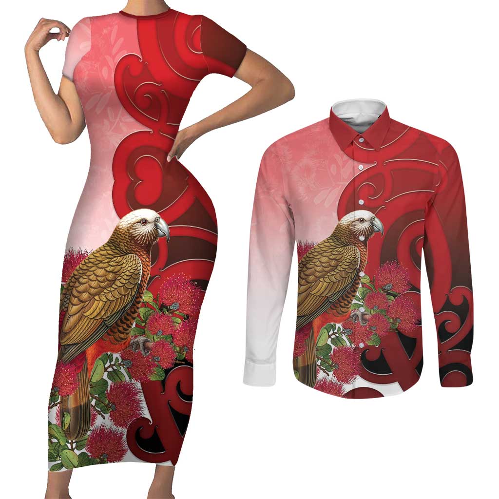 New Zealand Parrot Kaka Couples Matching Short Sleeve Bodycon Dress and Long Sleeve Button Shirt Maori Koru With Pohutukawa Flowers - Aussie Hoodie