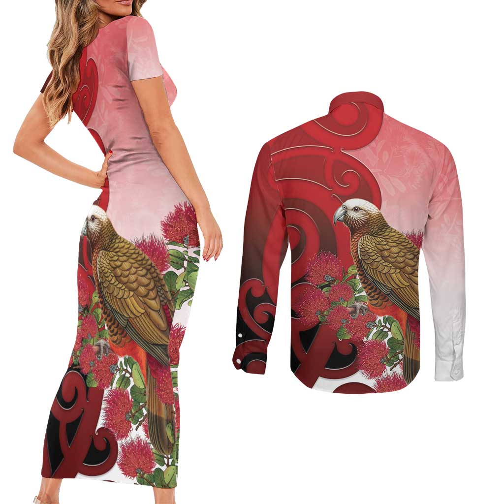 New Zealand Parrot Kaka Couples Matching Short Sleeve Bodycon Dress and Long Sleeve Button Shirt Maori Koru With Pohutukawa Flowers - Aussie Hoodie