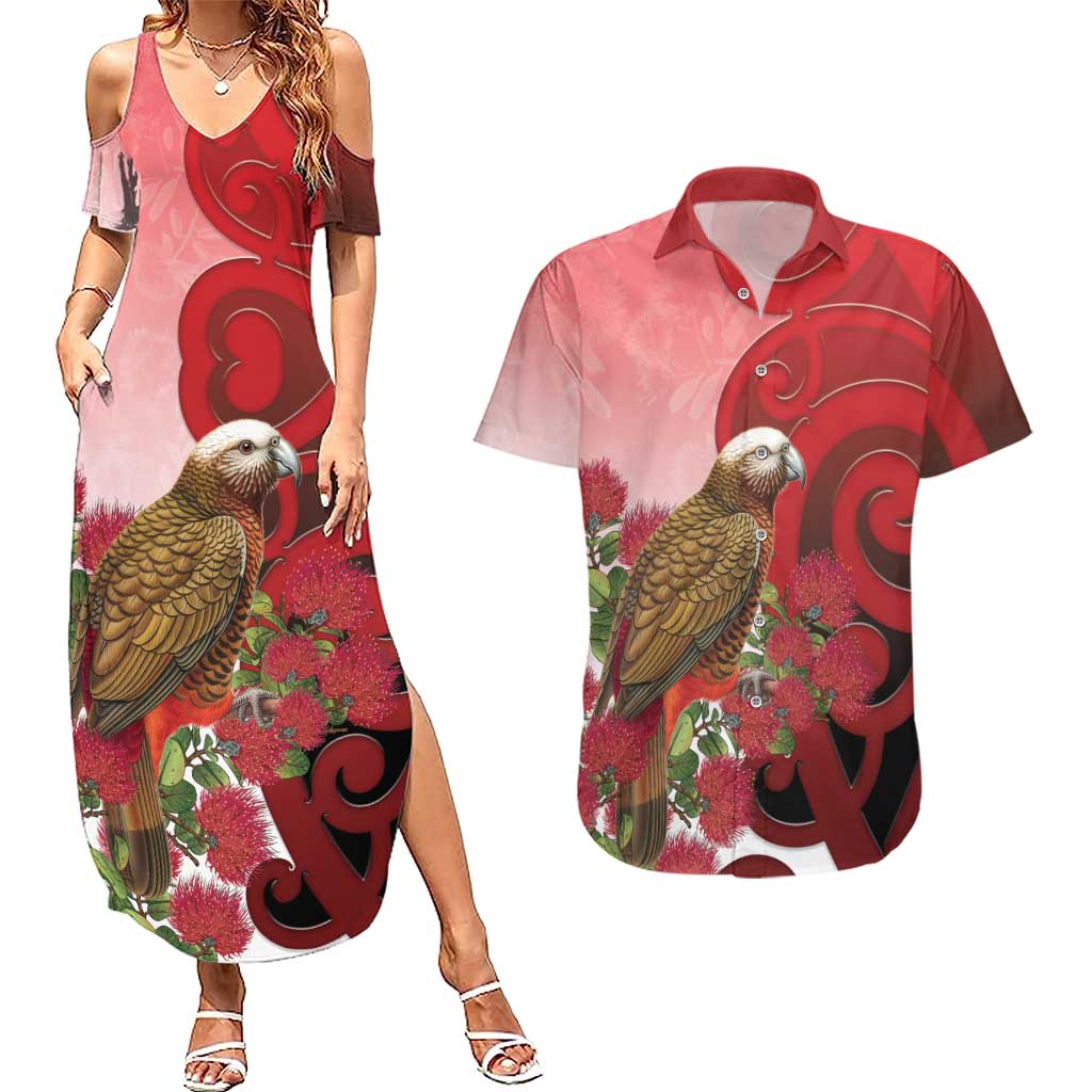 New Zealand Parrot Kaka Couples Matching Summer Maxi Dress and Hawaiian Shirt Maori Koru With Pohutukawa Flowers - Aussie Hoodie