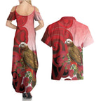 New Zealand Parrot Kaka Couples Matching Summer Maxi Dress and Hawaiian Shirt Maori Koru With Pohutukawa Flowers - Aussie Hoodie