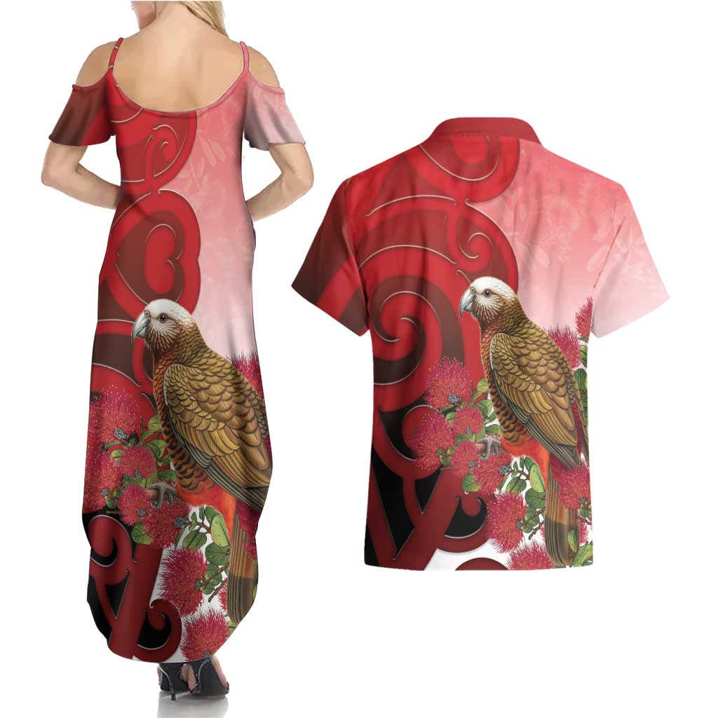 New Zealand Parrot Kaka Couples Matching Summer Maxi Dress and Hawaiian Shirt Maori Koru With Pohutukawa Flowers - Aussie Hoodie