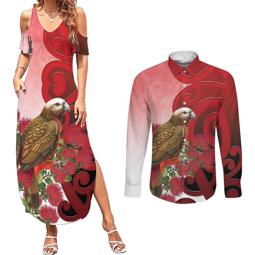 New Zealand Parrot Kaka Couples Matching Summer Maxi Dress and Long Sleeve Button Shirt Maori Koru With Pohutukawa Flowers - Aussie Hoodie