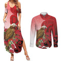 New Zealand Parrot Kaka Couples Matching Summer Maxi Dress and Long Sleeve Button Shirt Maori Koru With Pohutukawa Flowers - Aussie Hoodie