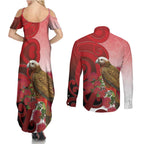New Zealand Parrot Kaka Couples Matching Summer Maxi Dress and Long Sleeve Button Shirt Maori Koru With Pohutukawa Flowers - Aussie Hoodie