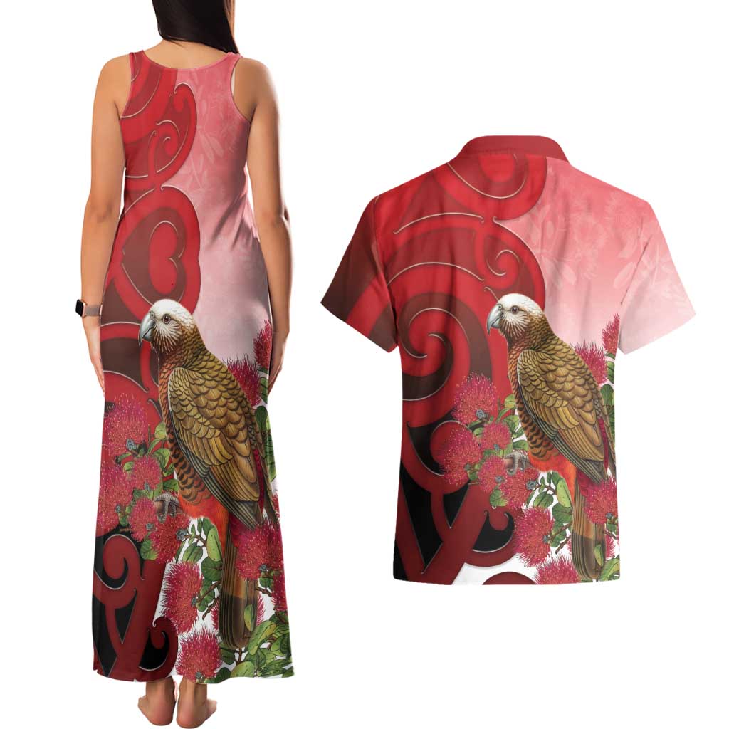 New Zealand Parrot Kaka Couples Matching Tank Maxi Dress and Hawaiian Shirt Maori Koru With Pohutukawa Flowers - Aussie Hoodie