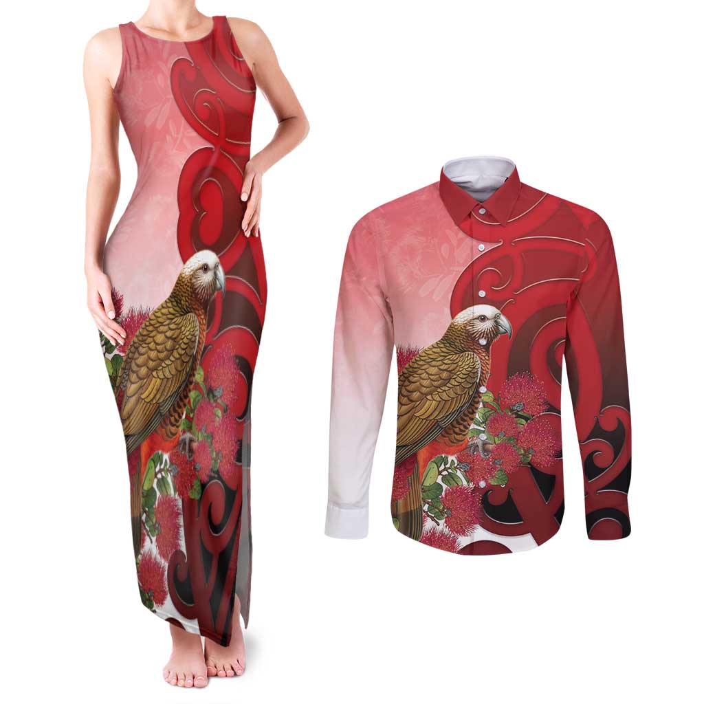 New Zealand Parrot Kaka Couples Matching Tank Maxi Dress and Long Sleeve Button Shirt Maori Koru With Pohutukawa Flowers - Aussie Hoodie