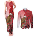 New Zealand Parrot Kaka Couples Matching Tank Maxi Dress and Long Sleeve Button Shirt Maori Koru With Pohutukawa Flowers - Aussie Hoodie